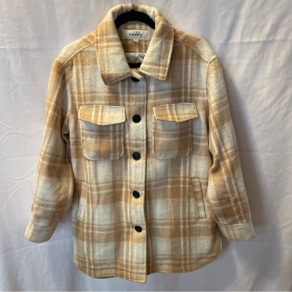 Sebby Shacket Shirt Jacket White Beige Plaid Button Up Long Sleeve Coat Medium